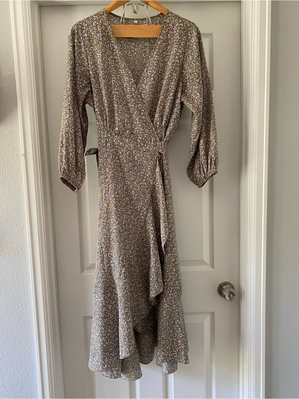 Olive green floral midi wrap dress Size L